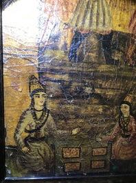 Qajar school: Triptiek met voorstelling van een prinselijke optocht, olie op paneel, Iran, 19e eeuw